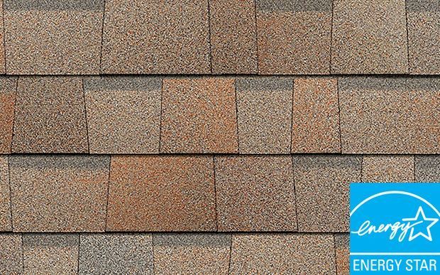 Brown and tan asphalt shingles with an Energy Star label.