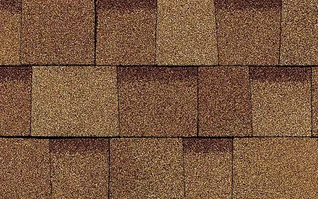 Brown asphalt roof shingles.