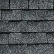 Dark gray asphalt roof shingles.