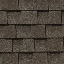 Dark brown asphalt roof shingles.