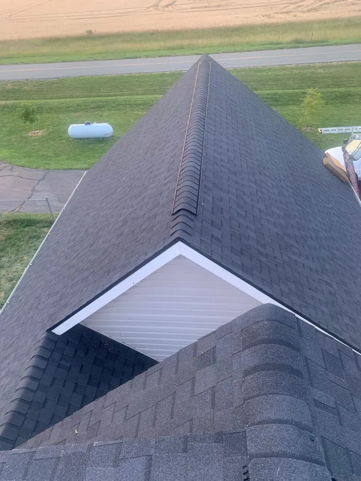 Overhead view of a dark shingled roof with a lighter-colored section at the peak; an off-white trim and a backdrop of vegetation.