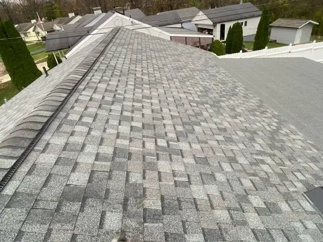 Gray asphalt shingle roof, angled view. Several buildings are in the background. Sunny day.