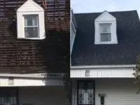Side-by-side comparison of a roof before and after repair; shows a dark, deteriorated roof transformed to a new, black roof.