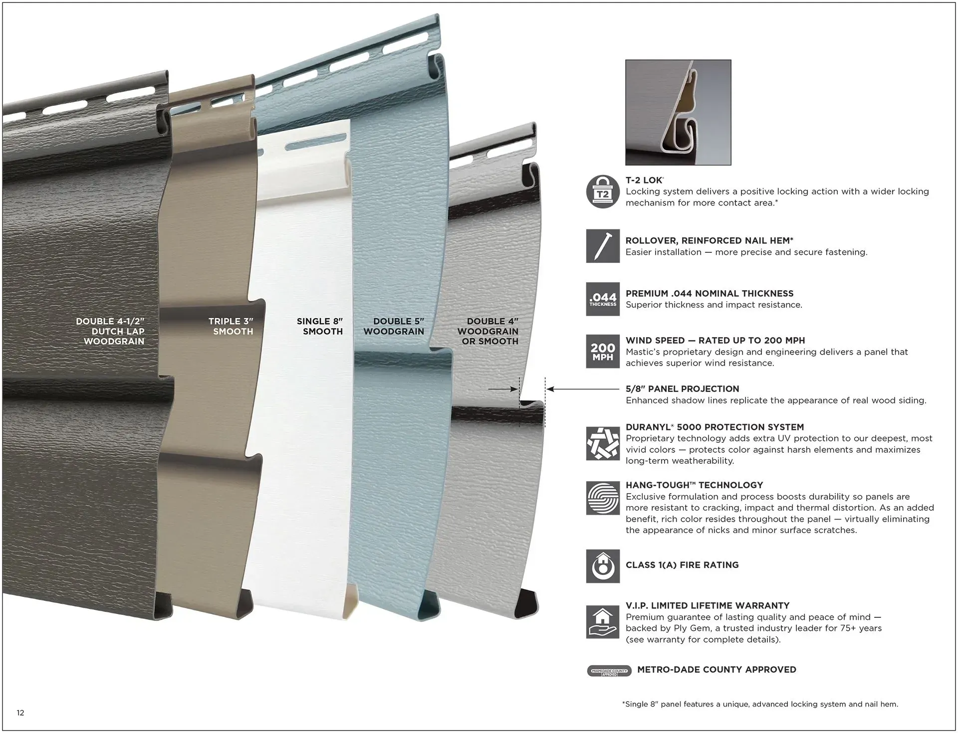 Vinyl siding samples in various colors, with features listed to the right.