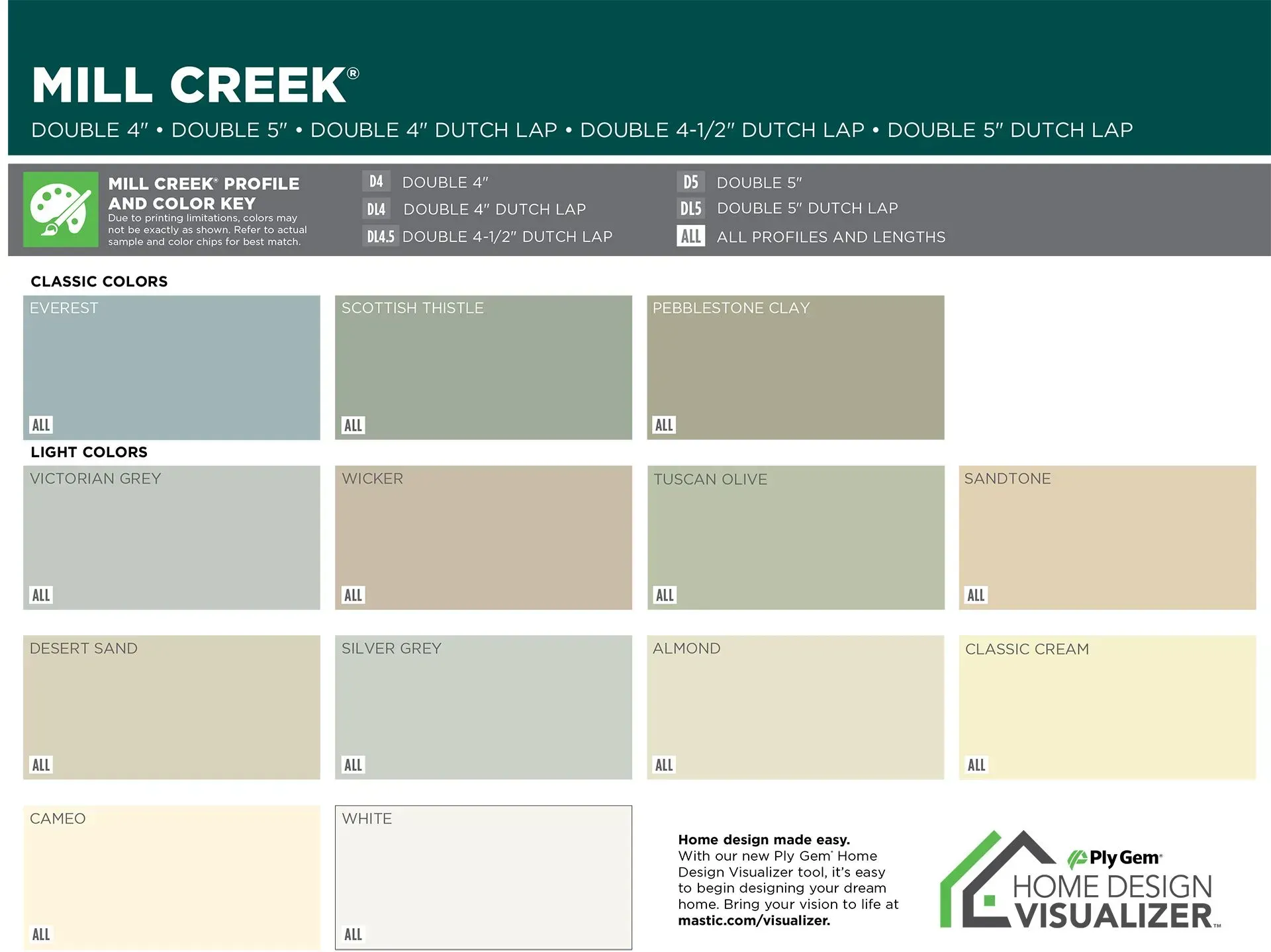 Mill Creek exterior paint color chart with various shades, ranging from blues to yellows.