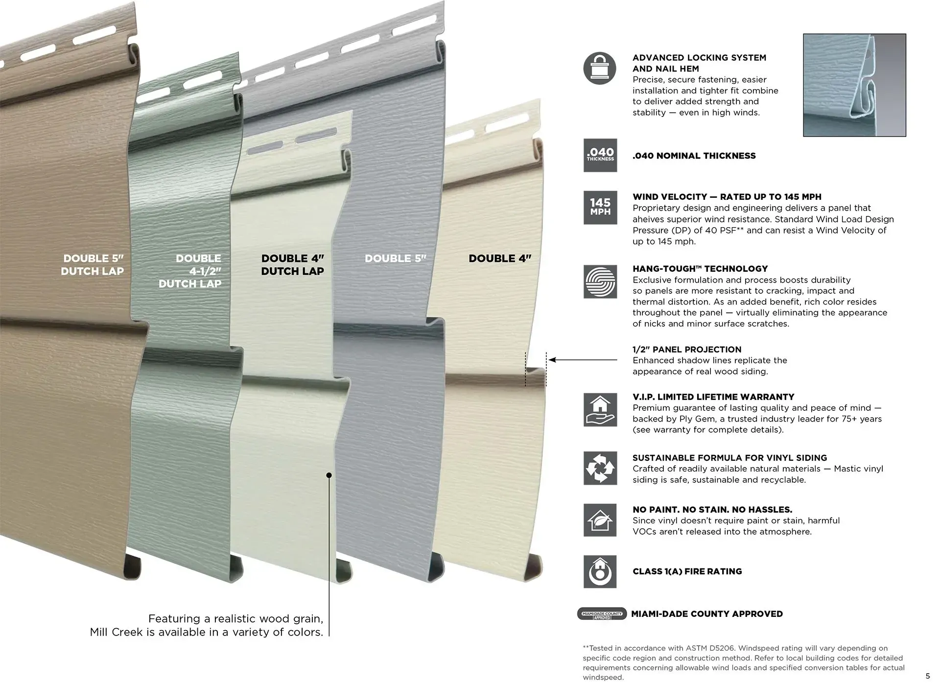 Vinyl siding samples in various colors, with product details and benefits.