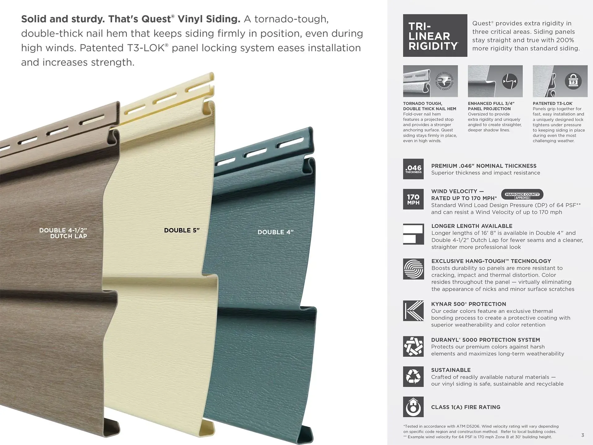 Three samples of vinyl siding in brown, beige, and blue-green, with text about its features.