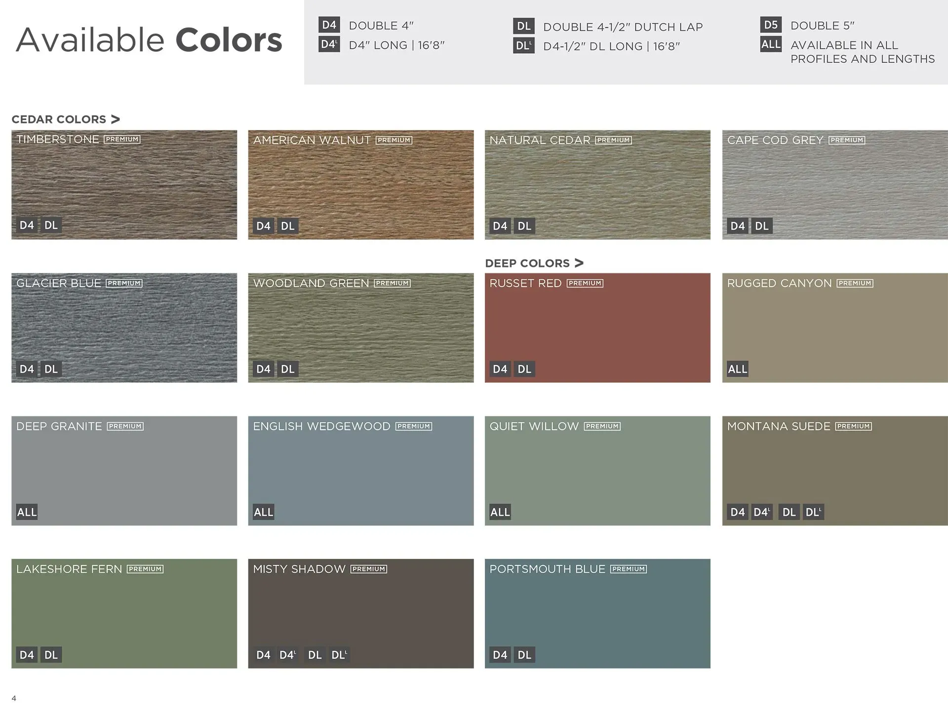 Color swatches with various shades and names for materials.