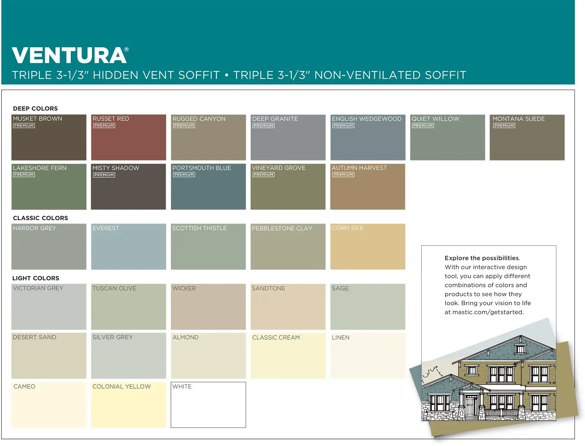 Ventura siding color swatches: various muted shades of siding for exterior home design.