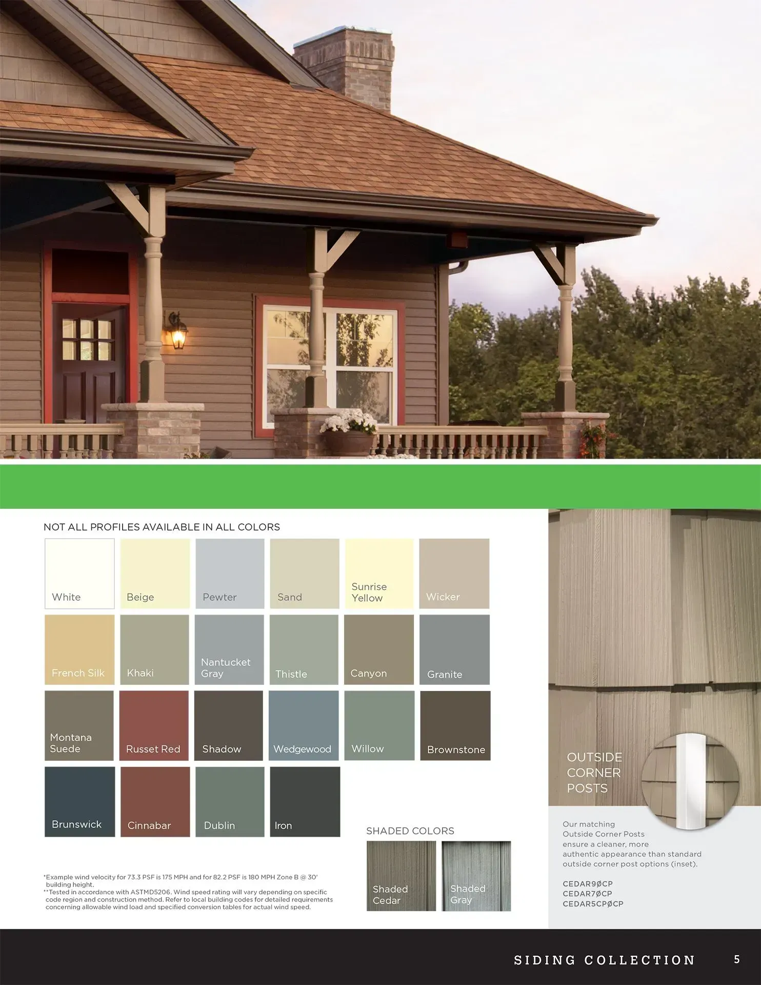 House with brown roof, front porch, and siding color swatches.
