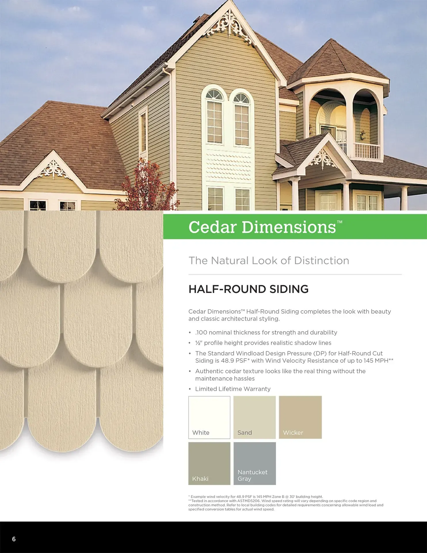 Brochure promoting half-round cedar siding. House with beige siding and brown roof. Swatches of siding colors.