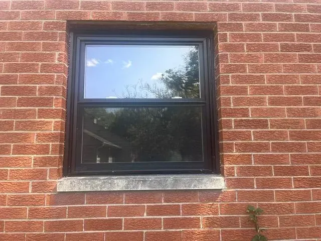Black-framed window in a red brick wall, with the sky and trees reflected in the glass. Below is a gray stone sill.