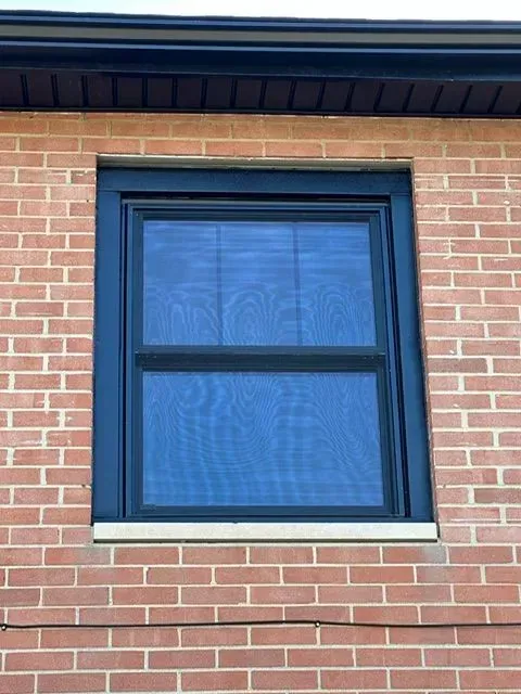 Black framed window with a screen on a brick building.