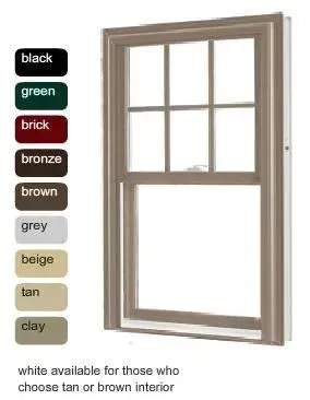 Window with color options: black, green, brick, bronze, brown, grey, beige, tan, and clay. White is available with tan or brown interior.