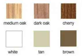 Color swatches: medium oak, dark oak, cherry, white, tan, and brown.