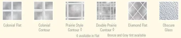 Window designs: Colonial Flat, Colonial Contour, Frame Scale Contour, Double Frame Contour, Diamond Flat, Obscure Gloss.