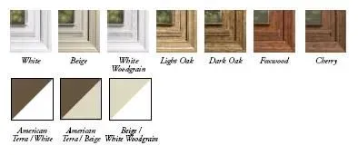 Color swatches: white, beige, woodgrain, light and dark oak, Farrow, Cherry, brown/white, and brown/beige.