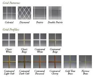 Diagram showing window grid patterns and profiles in various styles and colors.