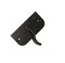 Black, cast-iron casement window stay. The arm is curved with a pointed end. It is mounted on a rectangular backplate.