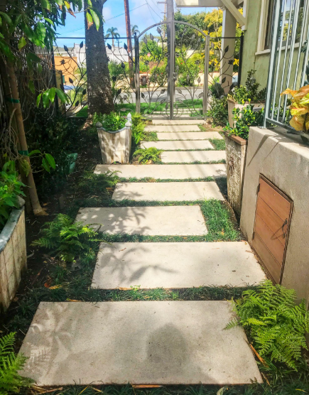 Concrete path through a green yard leading to a metal gate.