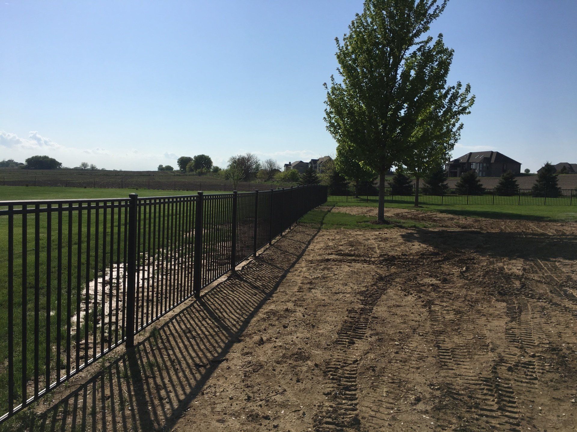 A black fence surrounds a dirt field with a tree in the middle.