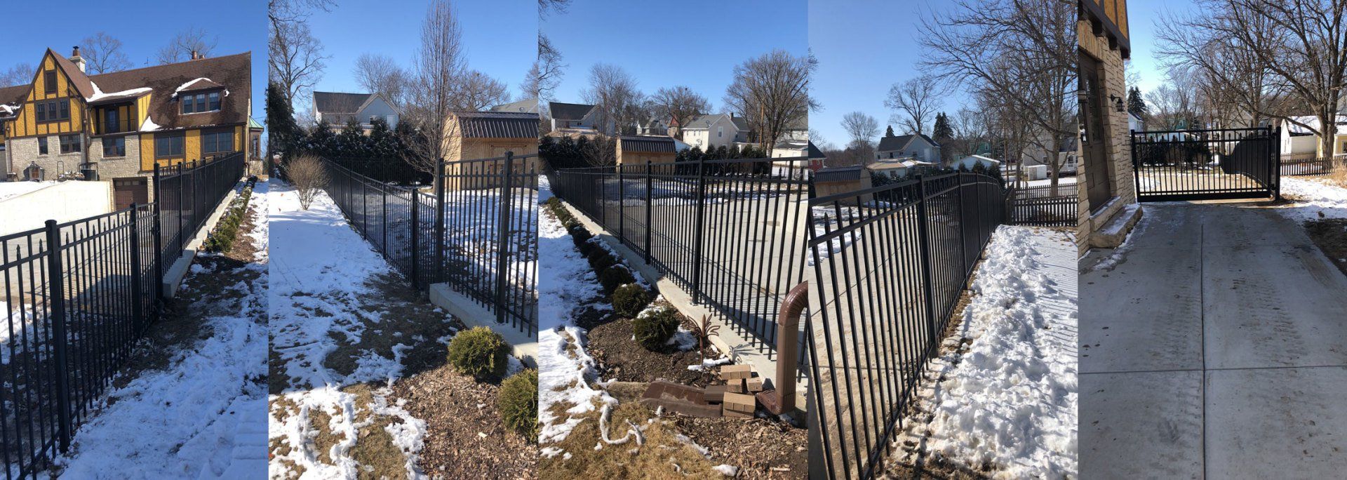 A collage of three pictures of a snowy yard , a fence , and a sidewalk.