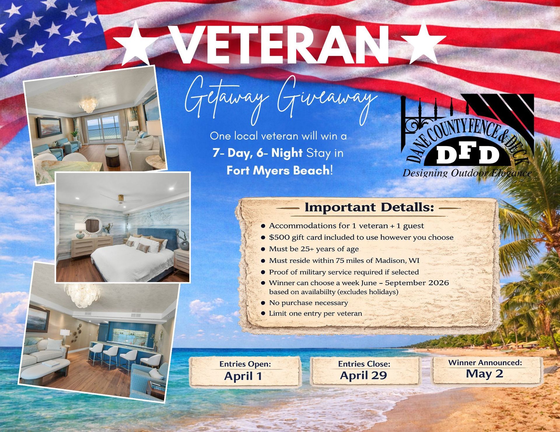 A promotional flyer for a Veteran Getaway Giveaway offering a 7-day, 6-night stay in Fort Myers Beach, Florida.