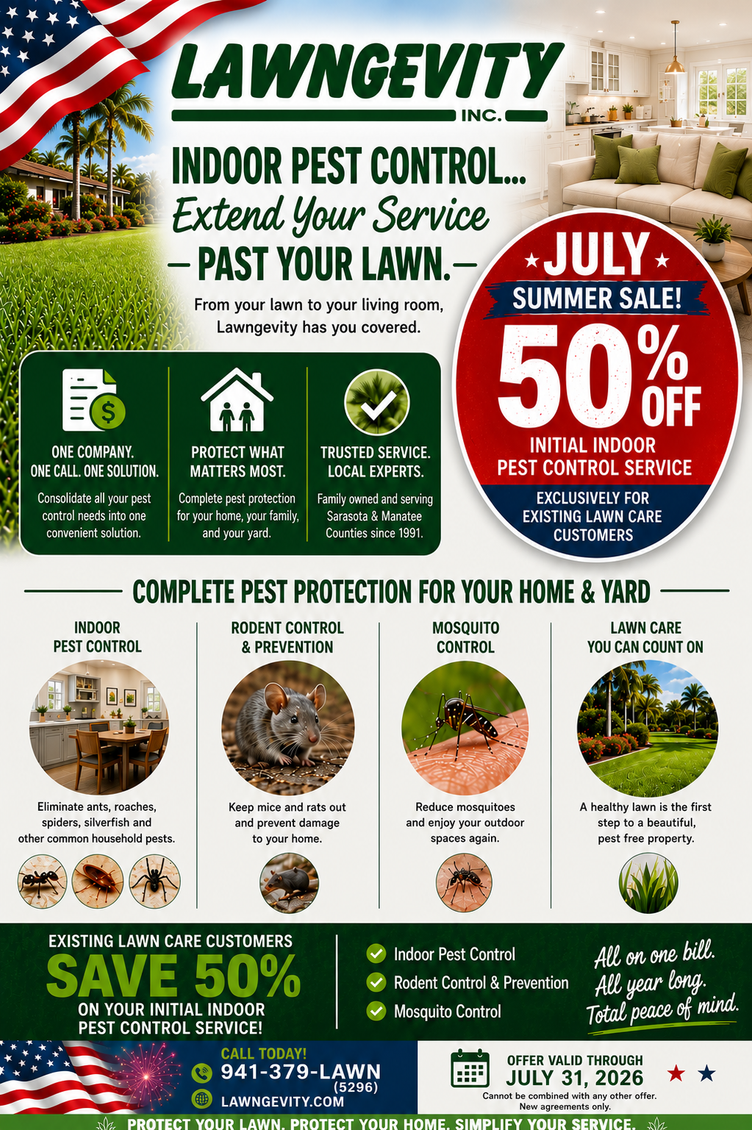 Lawngevity pest control ad with green/red July 50% off sale, lawn treatment icons, and service details