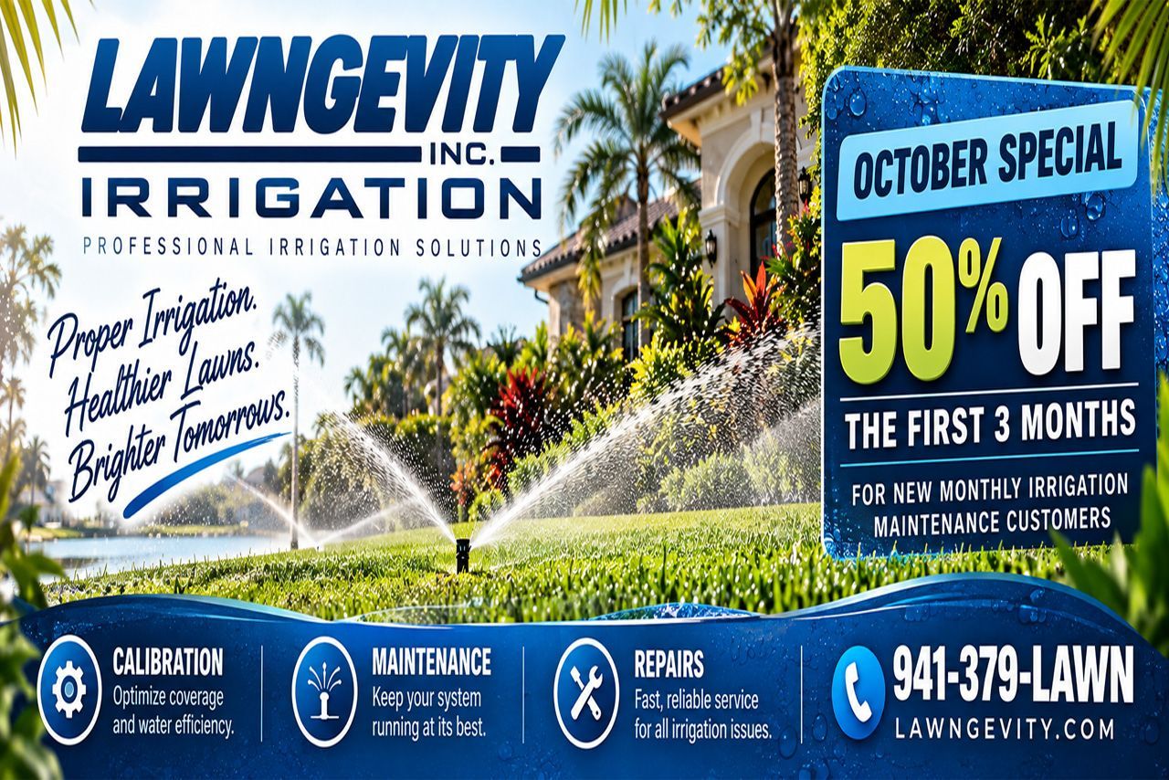 Lawngility Irrigation ad with sprinkler lawn, October special: 50% off first 3 months, phone and website listed