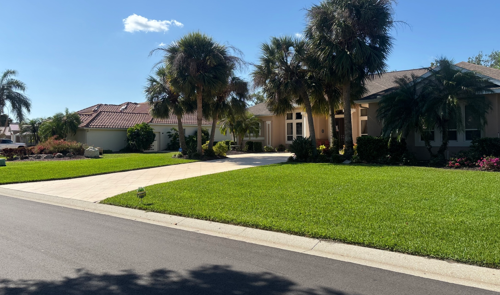 A driveway leading to a house in a residential neighborhood