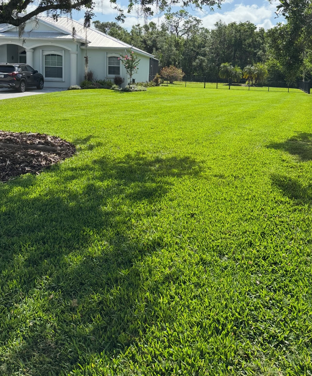A house with a large lawn in front of it