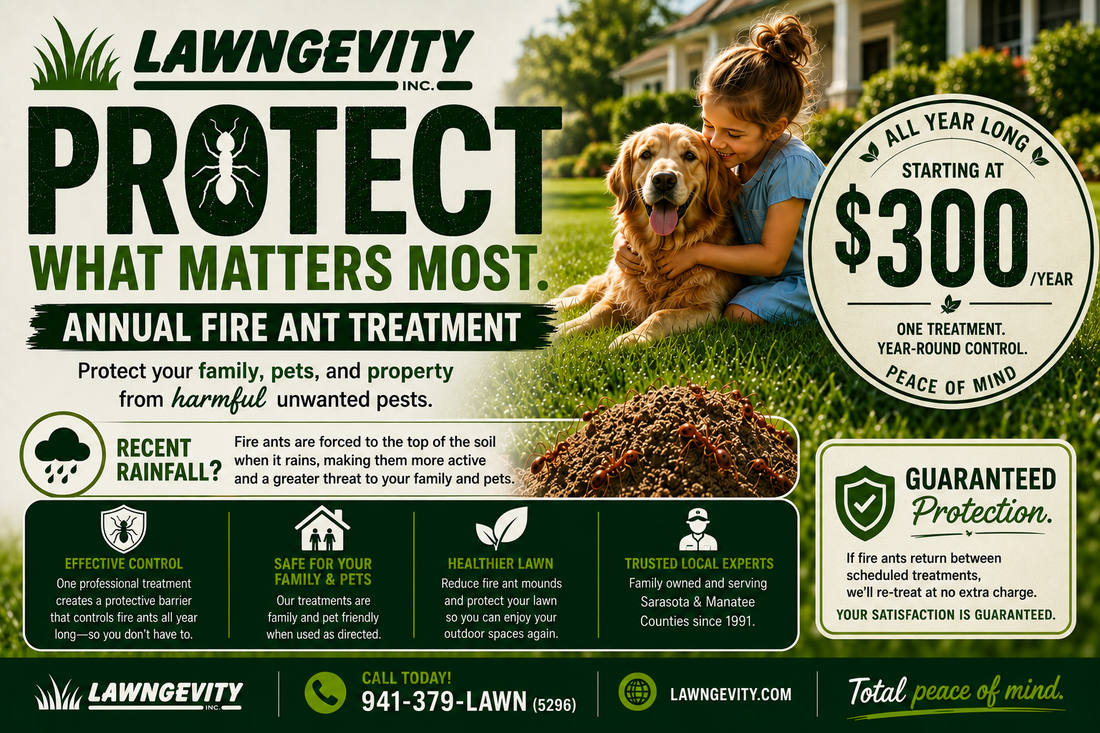Lawngevity lawn care ad: man with a golden doodle on a green lawn, promoting annual fire ant treatment for $300.