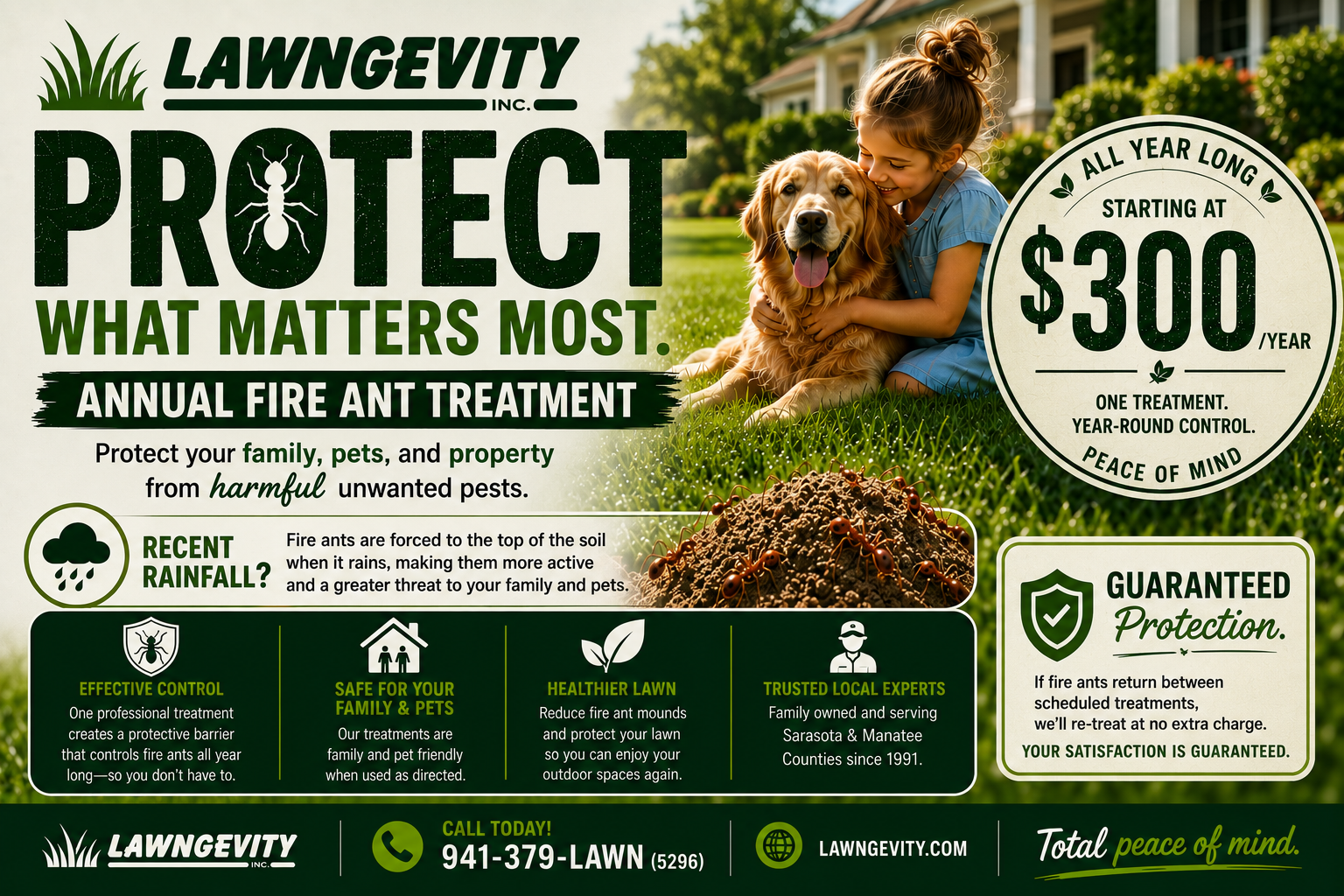 Lawngevity fire treatment ad with a dog on grass, a large $300 offer, and green text on a tan background