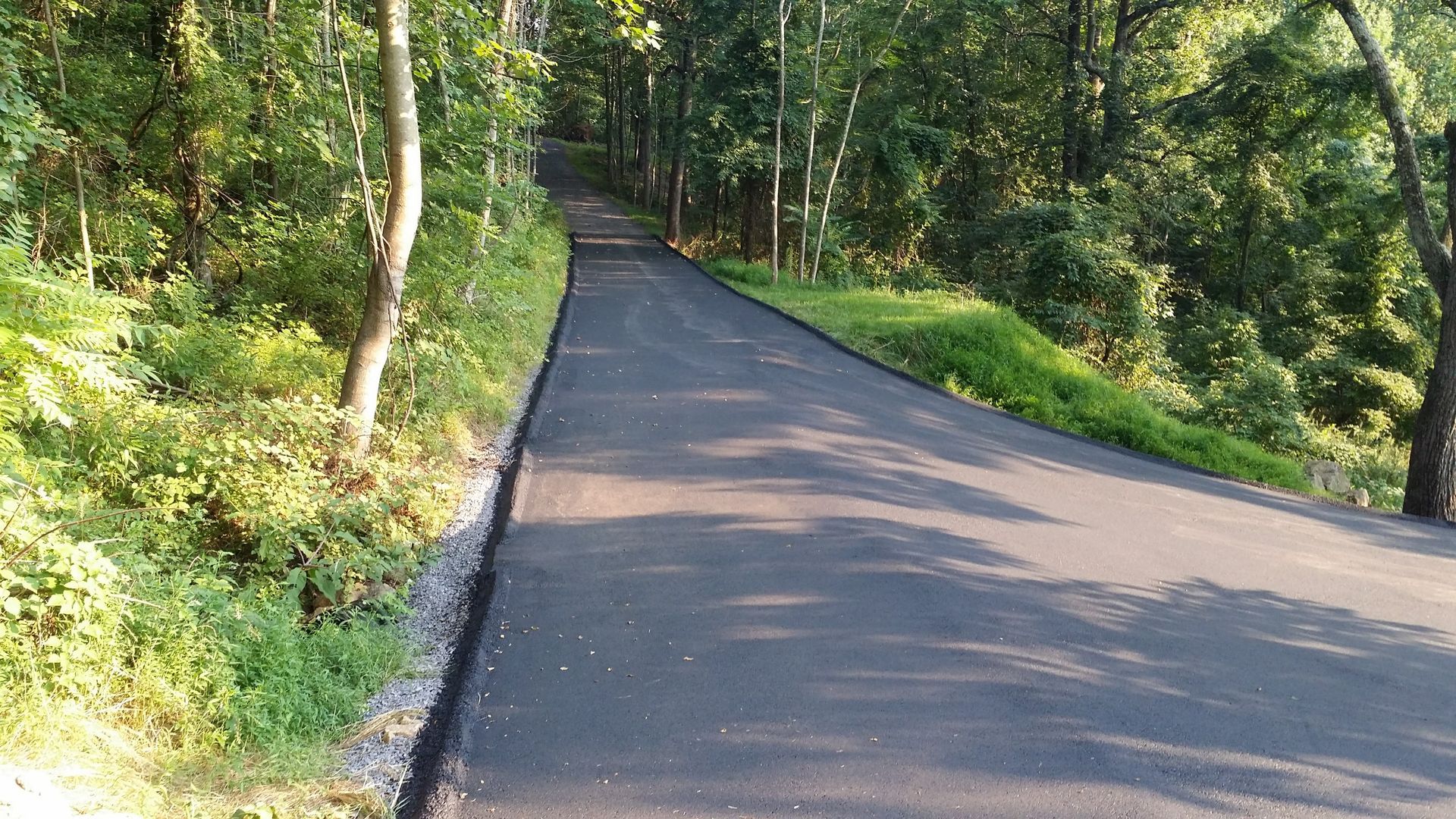 A newly paved asphalt road curves through a dense green forest, bordered by light-colored gravel on the left edge.