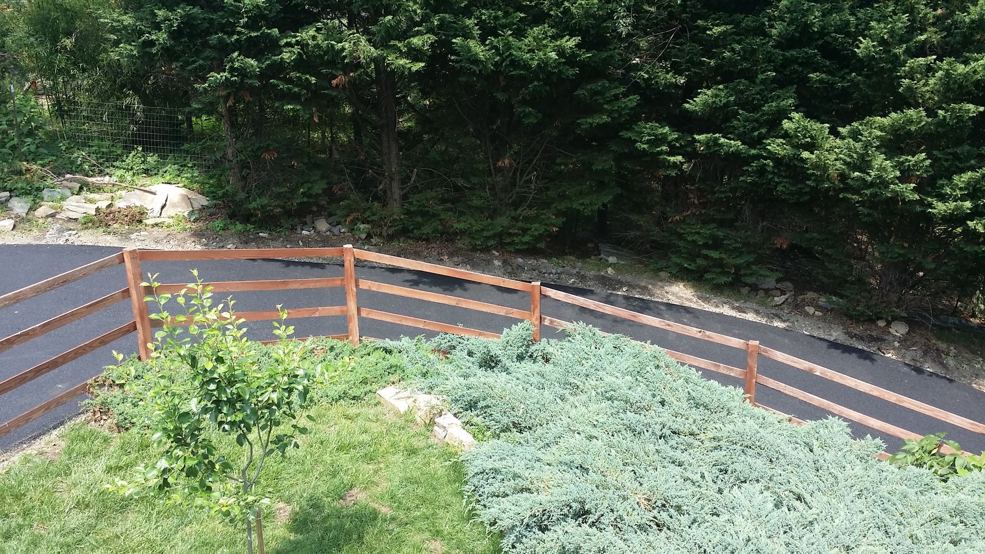 A three-rail wooden fence curves along a paved driveway bordering a grassy hill and a line of dark green trees.