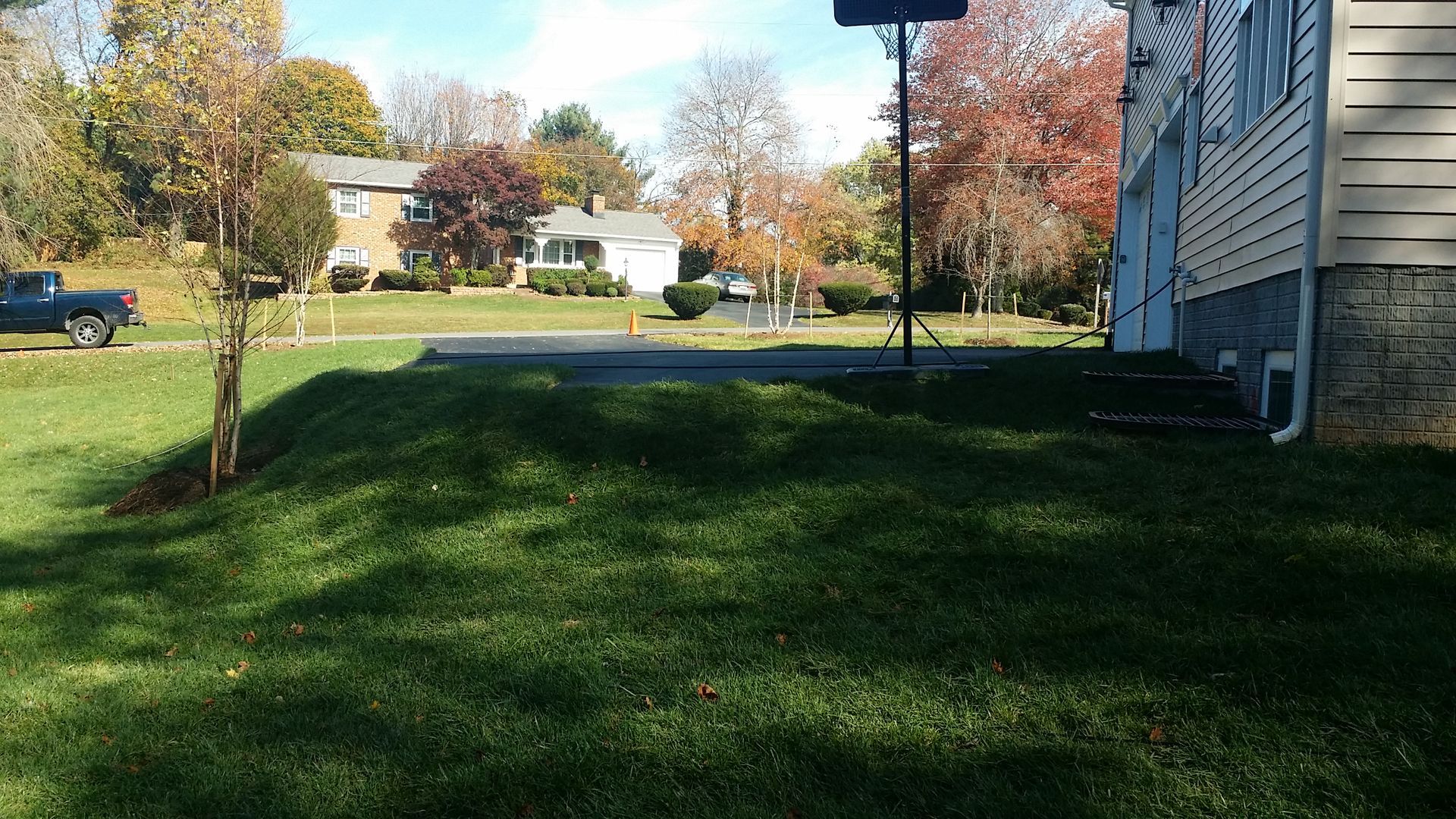 A view of a grassy front yard sloping up toward a paved driveway, with a house and autumn trees in the background.