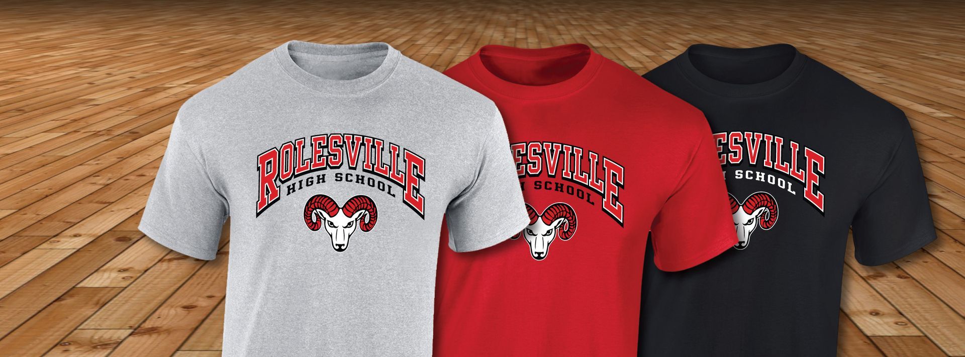 Three T-shirts in gray, red, and black, each featuring the same 