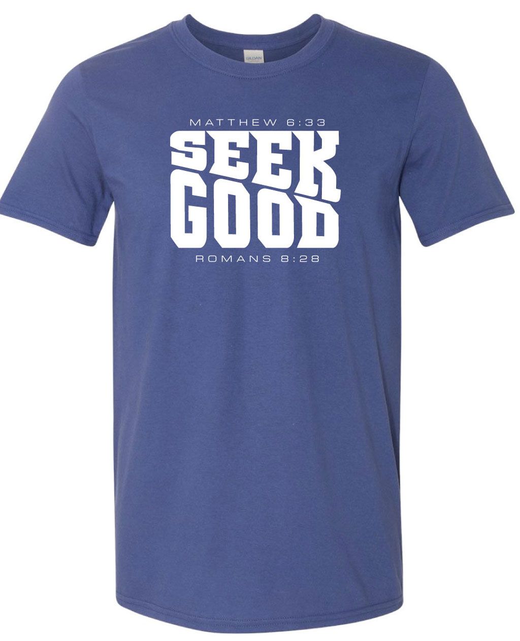 A blue t-shirt featuring the white text 