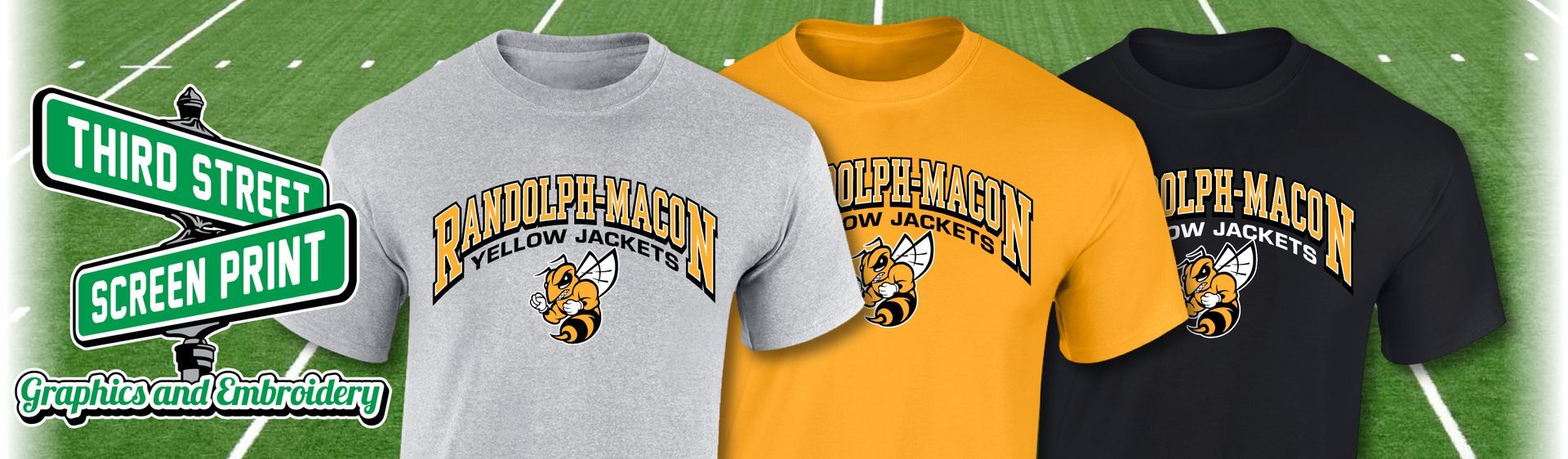 Three t-shirts in grey, yellow, and black featuring a bee mascot logo, set against a green field backdrop.