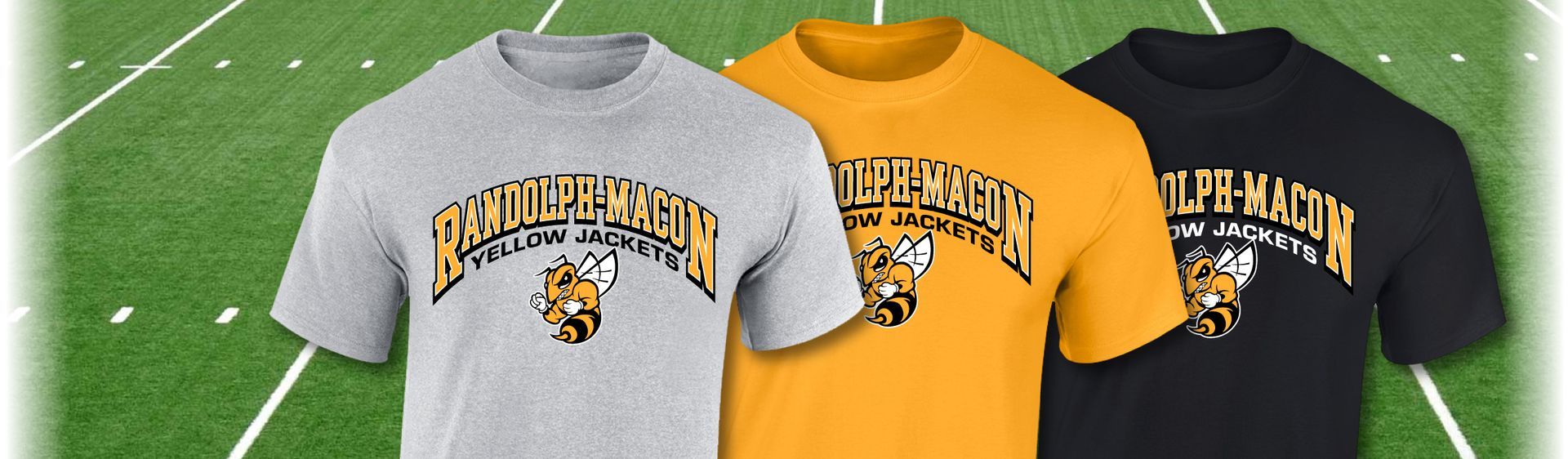 Three t-shirts in grey, gold, and black with a hornet logo and text, displayed against a football field background.