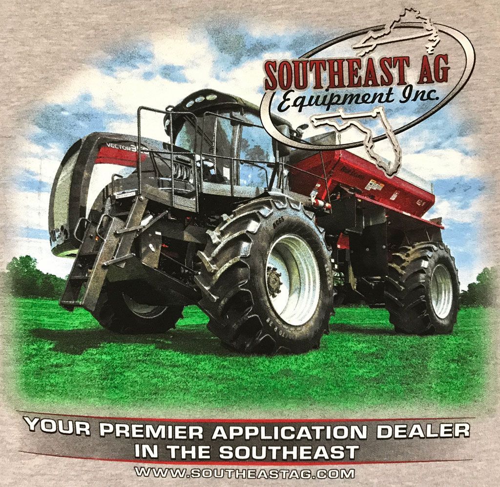 A Case IH tractor on a grassy field with the Southeast Ag Equipment Inc. logo and text about the company.