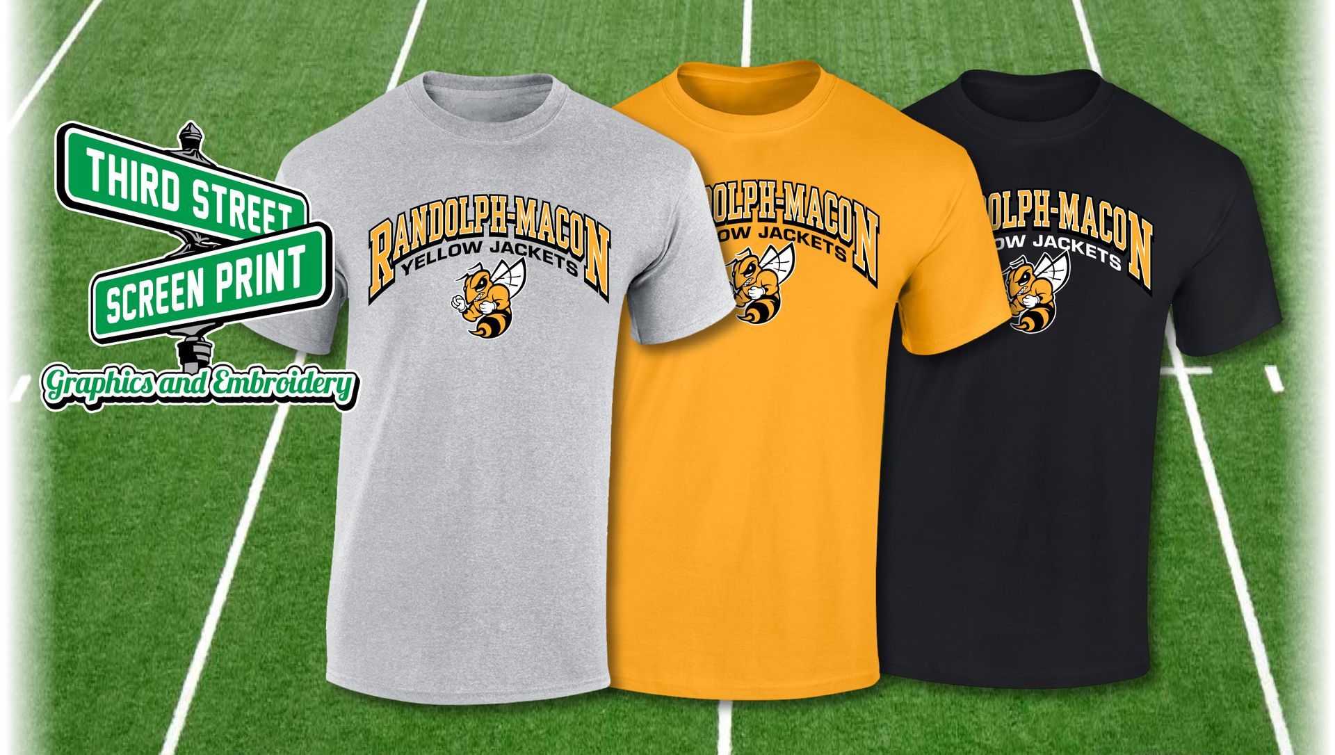 Three shirts featuring a mascot and 