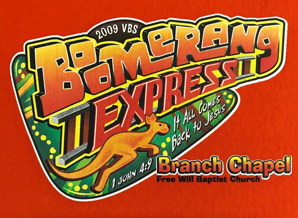 A vibrant 2009 VBS logo for Branch Chapel Free Will Baptist Church, featuring a kangaroo and the text Boomerang Express.