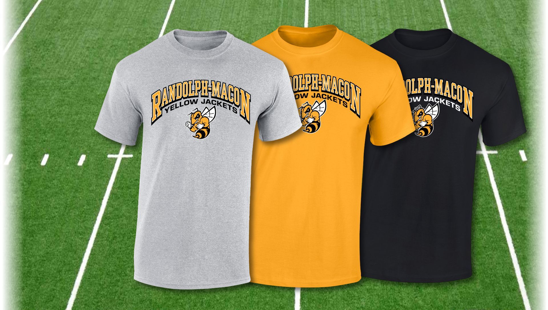 Three t-shirts in grey, gold, and black with a yellow jacket mascot logo over a football field background.