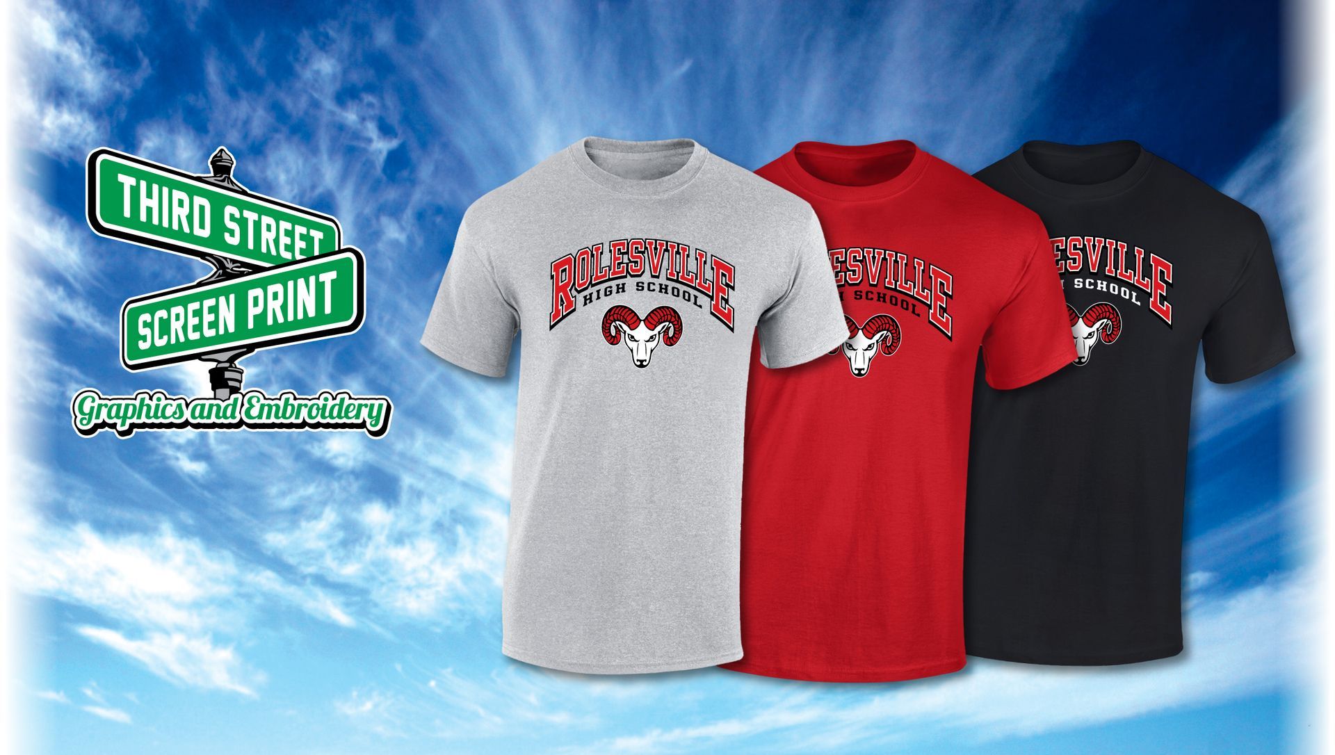 Third Street Screen Print logo next to grey, red, and black t-shirts with a ram logo against a blue cloudy sky.