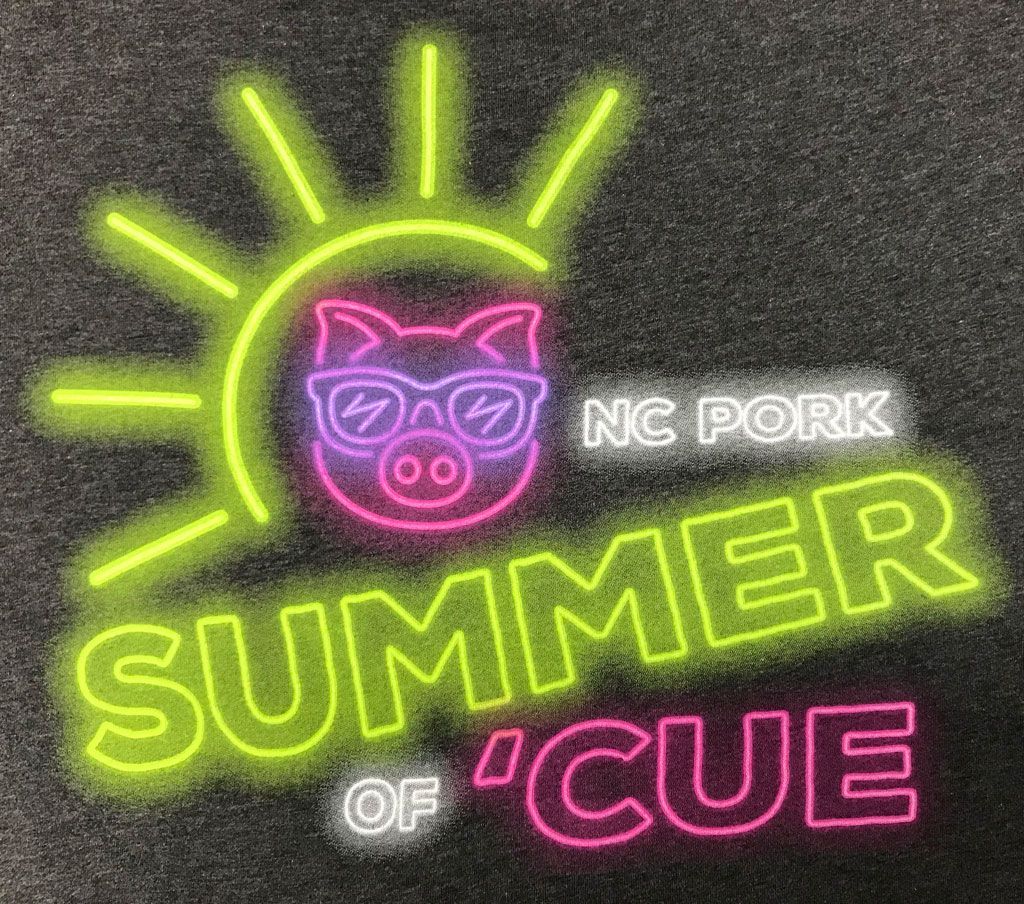 A neon-style graphic of a pig in sunglasses under a sun, with the text 