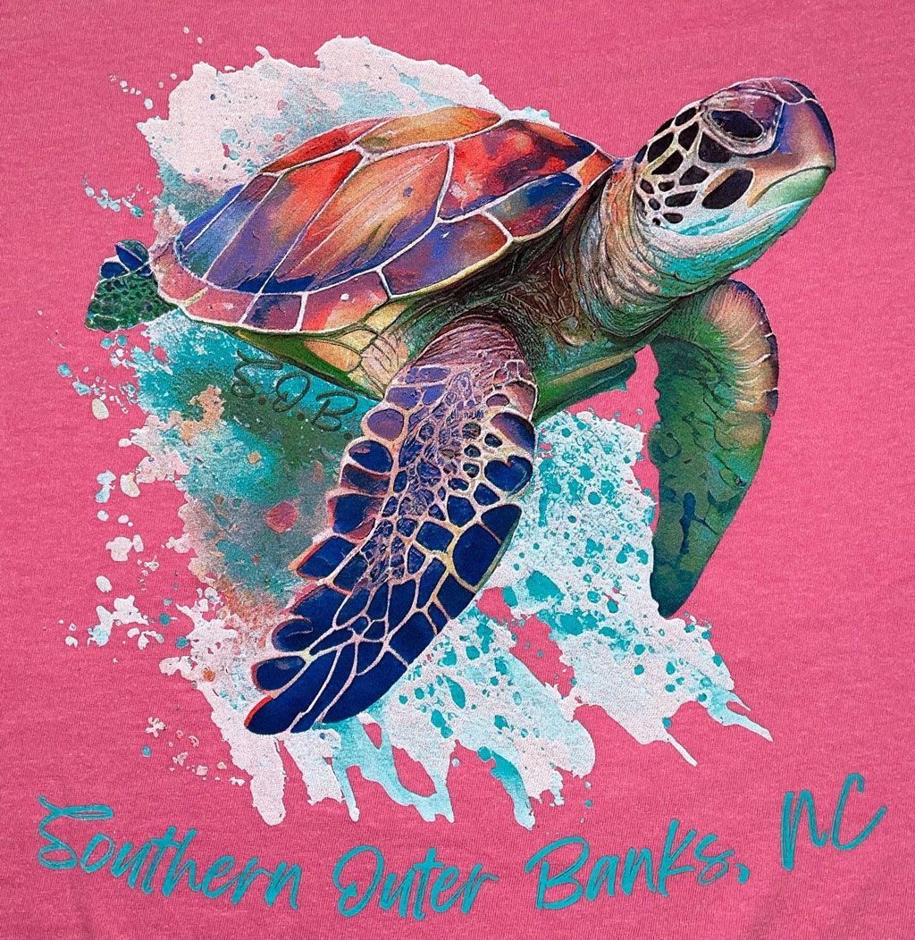 A colorful sea turtle swimming through blue water splashes on a pink background, with 
