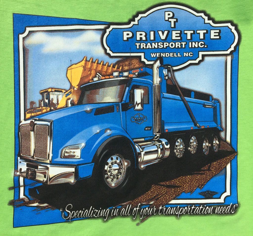 A graphic of a blue dump truck with a yellow excavator in the background, labeled Privette Transport Inc. in Wendell, NC.