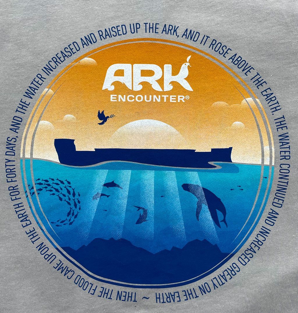 A circular graphic of Noah’s Ark floating on water, with a sunset sky, sea life below, and circular biblical text.