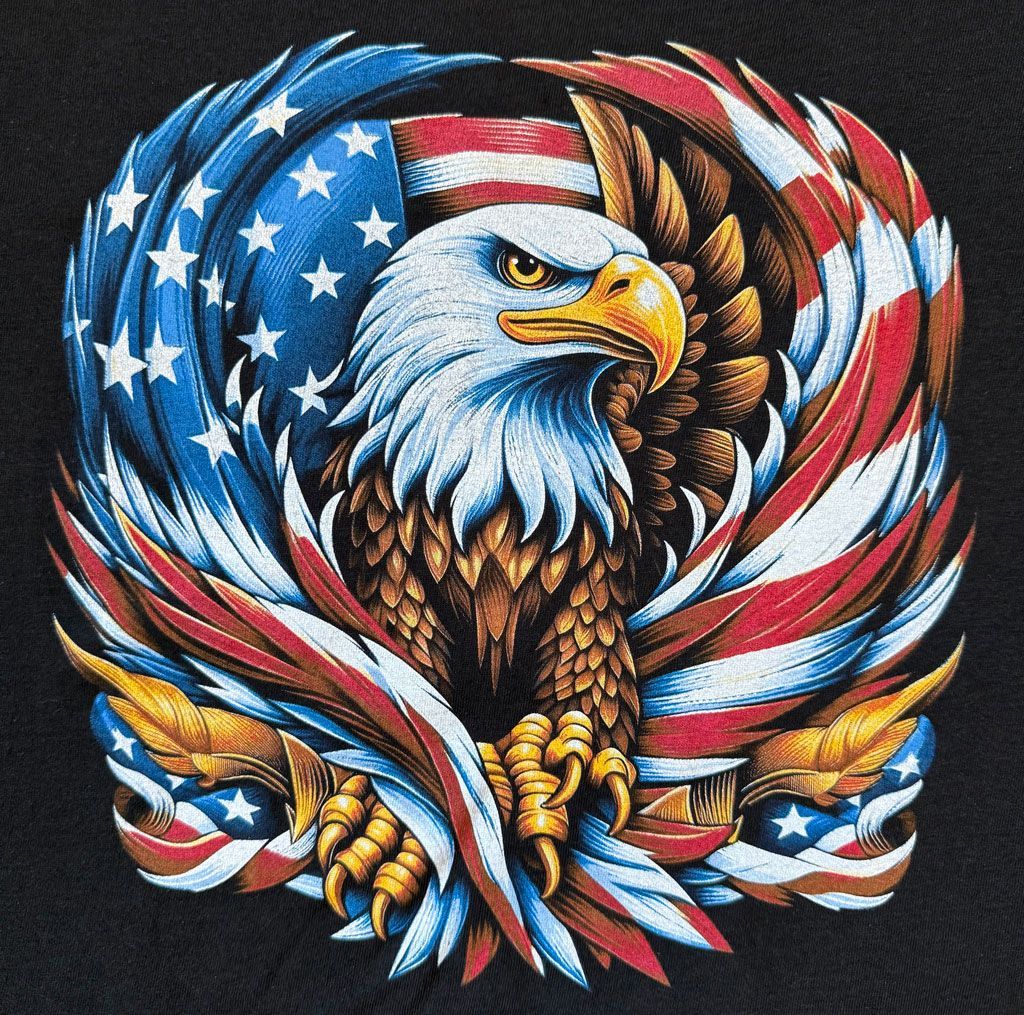 A bald eagle with intense eyes centered against a stylized, swirling American flag background.